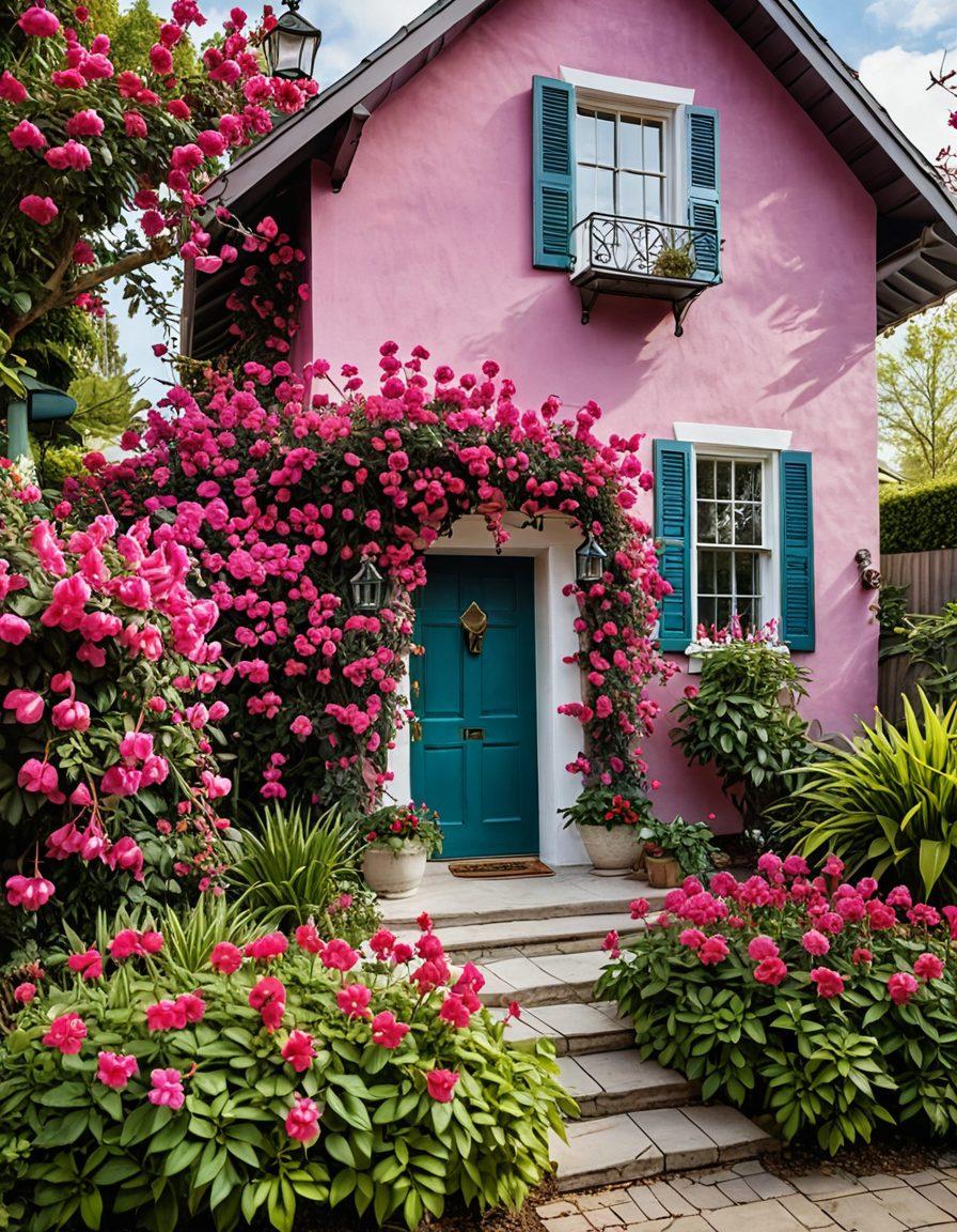 A vibrant garden overflowing with various fuchsia flowers in full bloom, their deep pinks and purples contrasted with lush green foliage. Include a cozy, modern home in the background with fuchsia floral arrangements in the windows and on the porch. The scene should have a warm, inviting atmosphere, showcasing the transformation fuchsia can bring. painting. vibrant colors.