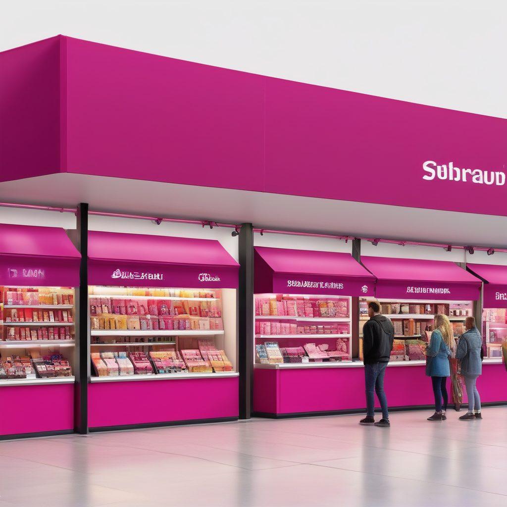 A bustling retail marketplace with a vibrant mix of online and physical storefronts, all adorned with striking fuchsia banners and signs. Shoppers engage with modern digital kiosks and traditional market stalls, showcasing a diverse range of products. Super-realistic. Vibrant colors. White background.